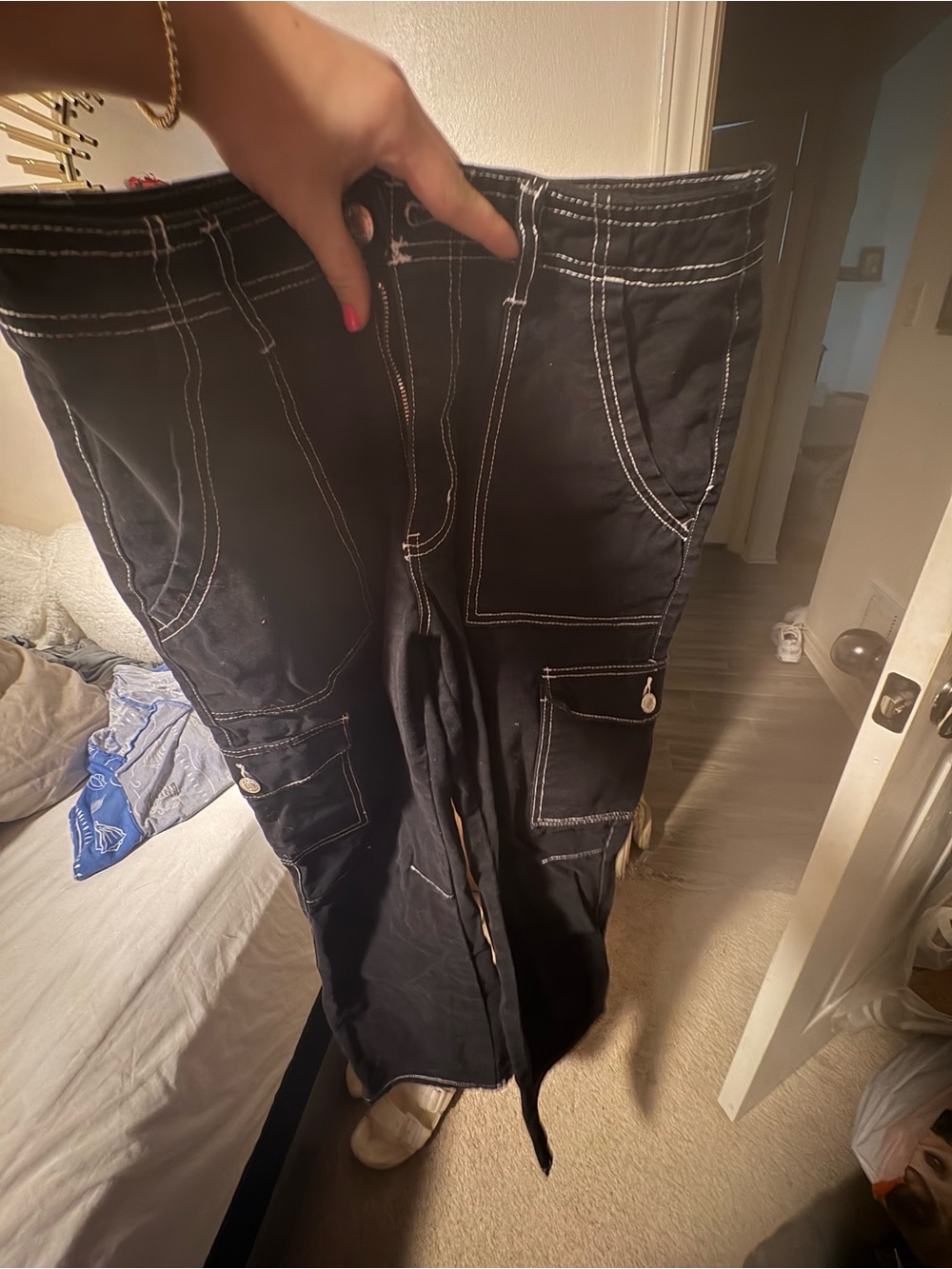 Forever 21 Black Straight-Leg Cargo Pants with Contrast White Stitching